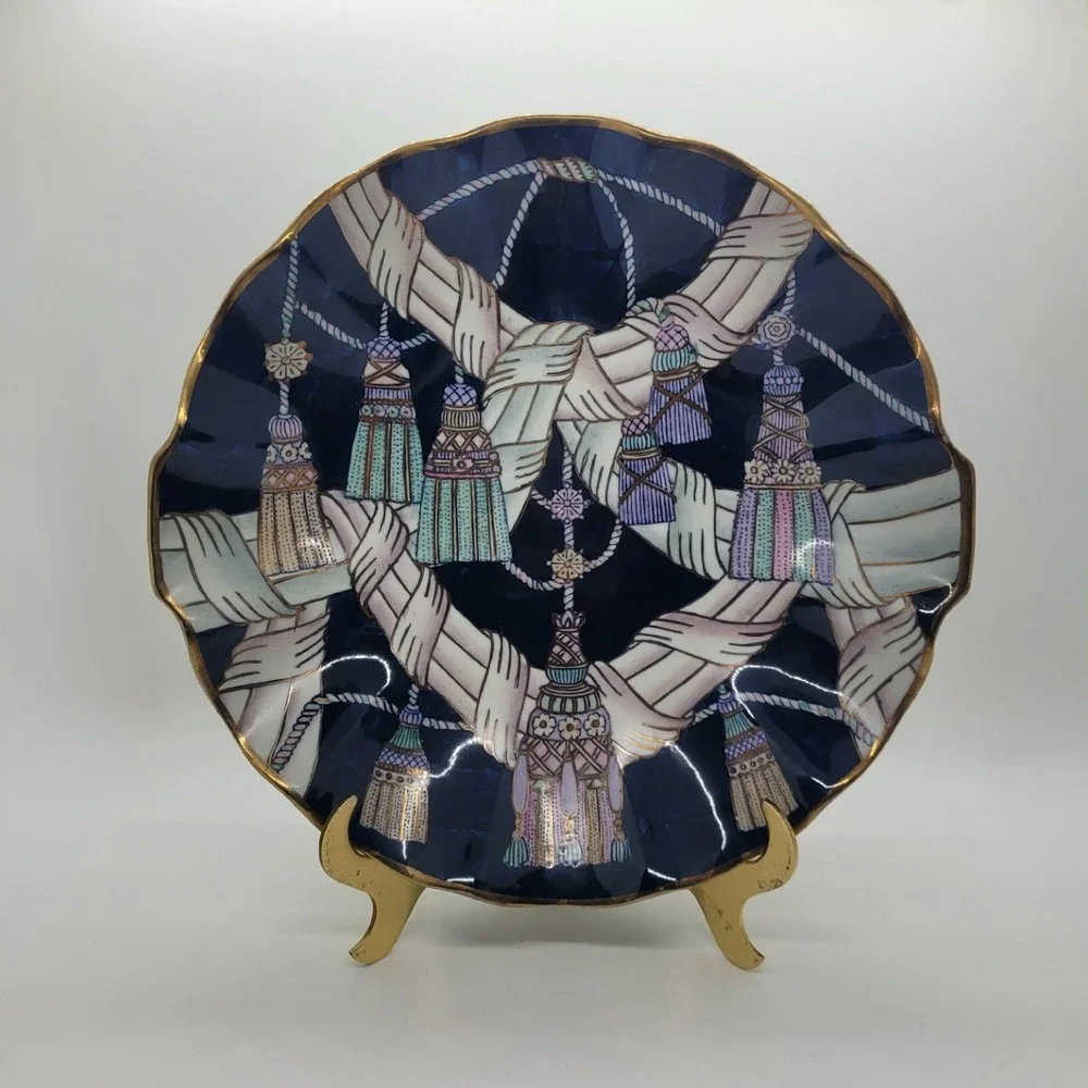 HFP Macau Hand Painted Porcelain Tassel Plate Cobalt Blue Scalloped Gold Rim 10